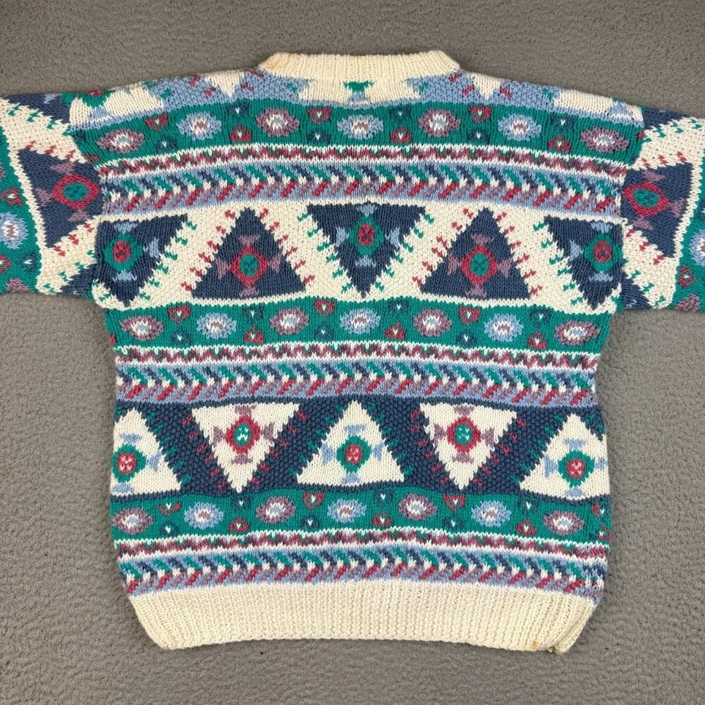 Orvis Sweater Mens Medium Cream Multicolor Geometric Aztec Crewneck Hand Knitted - Picture 5 of 9